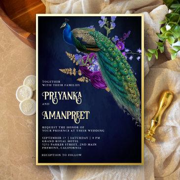 midnight blue purple floral indian peacock wedding foil invitation