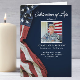 Small Military, Usa Flag, Celebration Of Life, Funeral Program Front View
