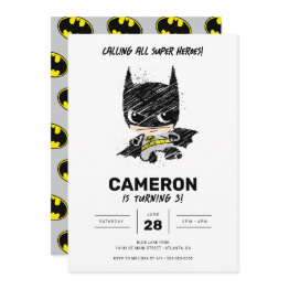 Small Mini Classic Batman Sketch Birthday Invitation Front View