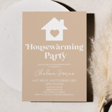minimal boho tan beige simple housewarming party invitation