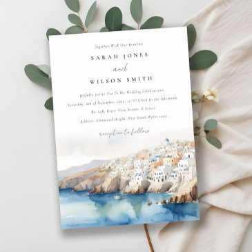 minimal chic santorini greece watercolor wedding invitation