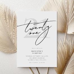 Small Minimal Elegant Script White 21st Birthday Party Invitation Front View