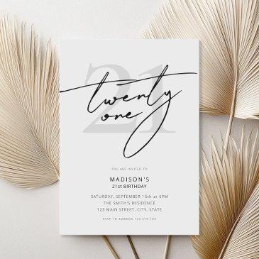 minimal elegant script white 21st birthday party invitation