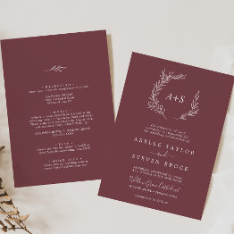 Small Minimal Leaf | Burgundy All In One Wedding Invitation Front View