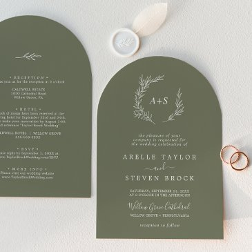 minimal leaf | dark green arch all in one wedding invitation
