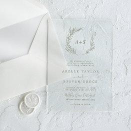Small Minimal Leaf Green Monogram Greenery Boho Wedding Acrylic Invitations Front View