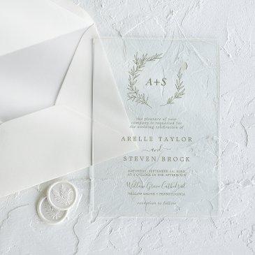 minimal leaf green monogram greenery boho wedding acrylic invitations