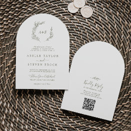 Small Minimal Leaf Olive Green Qr Code Boho Arch Wedding Invitation Front View