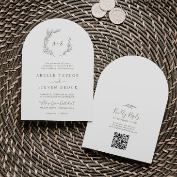 minimal leaf olive green qr code boho arch wedding invitation
