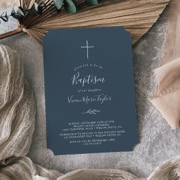 Small Minimal Leaf | Slate Blue Baptism Invitation Front View