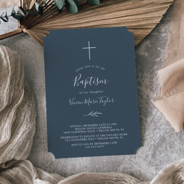 minimal leaf | slate blue baptism invitation