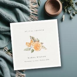 Small Minimal Orange Botanical Leafy Boho Bridal Shower Napkins Front View