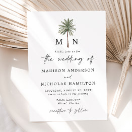 Small Minimal Palm Tree Monogram Wedding Invitation Front View