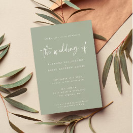 Small Minimal Sage Green Handwritten Script Wedding Invitation Front View