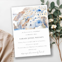 Small Minimal Santorini Greece Watercolor Birthday Invitation Front View