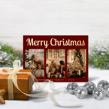 minimal script three photo red merry christmas foil holiday invitations