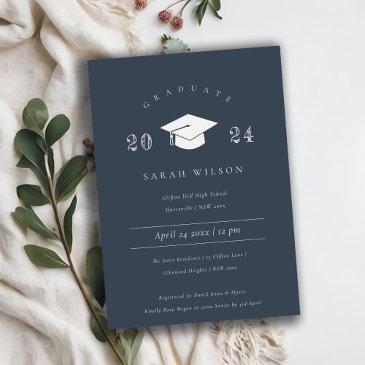 minimal simple dark navy blue graduation party invitation