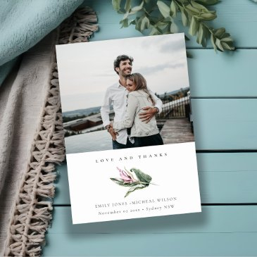 minimal tropical leafy pink floral photo wedding thank you invitations