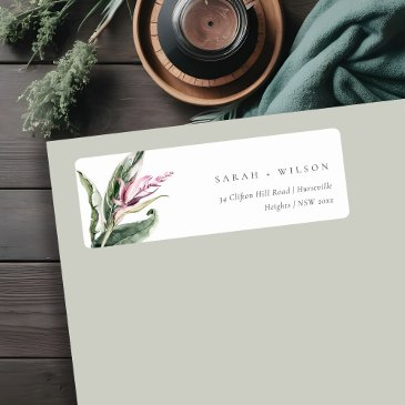minimal tropical pink green leafy floral address label