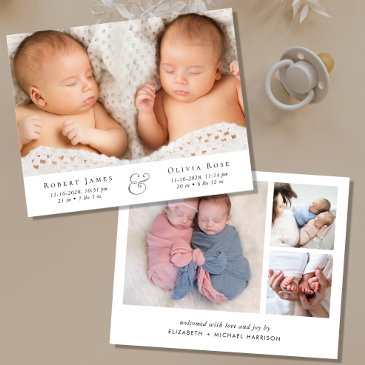 minimal twins photo birth announcement