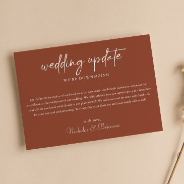 minimalist boho terracotta wedding update downsize announcement
