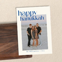 Small Minimalist Bold Blue Modern Hanukkah Custom Photo Holiday Invitations Front View