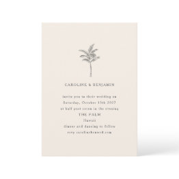 Small Minimalist Ecru Palm Tree Line Art Elegant Wedding Invitation Front View
