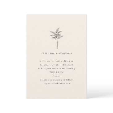 minimalist ecru palm tree line art elegant wedding invitation