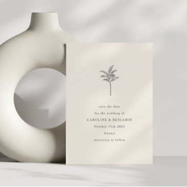 minimalist ecru palm tree line art elegant wedding save the date