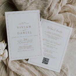 Small Minimalist Gold Weekend Events Qr Code Wedding Invitation Front View