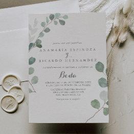 Small Minimalist Greenery Eucalyptus Spanish Wedding Invitation Front View