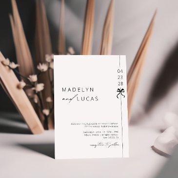 minimalist modern bow black white wedding invitation