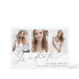 Small Minimalist Modern Chic Script 3 Photo Graduation Invitation Front View