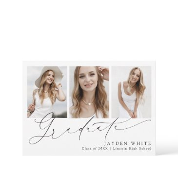 minimalist modern chic script 3 photo graduation invitation