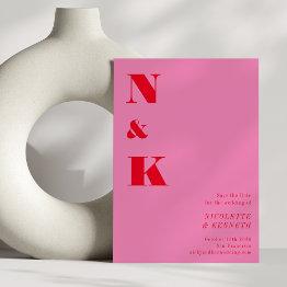Small Minimalist Modern Monogram Pink Red Bold Wedding Save The Date Front View