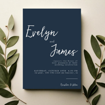 minimalist navy blue modern unique wedding invitation
