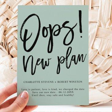 minimalist new plan wedding green change the date announcement postinvitations
