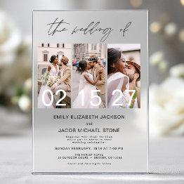 Small Minimalist Photo Elegant Modern Wedding 3 Photo Acrylic Invitations Front View