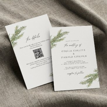 minimalist pine tree branch winter wedding qr code invitation