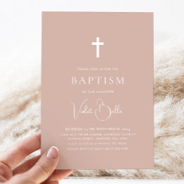 Small Minimalist Pink Girls Christening Baptism  Invitation Front View
