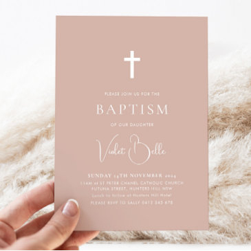 minimalist pink girls christening baptism  invitation
