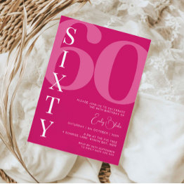 Small Minimalist Pink Sixty 60th Birthday Party Invitation Front View