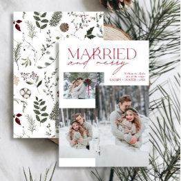 Small Minimalist Red Married And Merry Newlywed Photo Holiday Invitations Front View