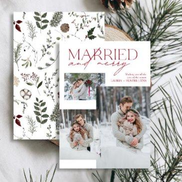 minimalist red married and merry newlywed photo holiday invitations