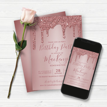 minimalist rose gold glitter drips birthday invitation