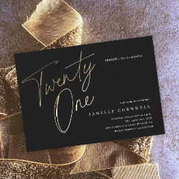 Small Minimalist Script Black And Gold 21st Birthday Invitation Front View