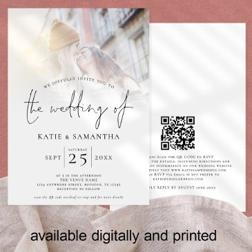minimalist script qr code photo lesbian wedding invitation