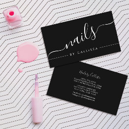Small Minimalist Simple Black White Script Nails Business Invitations Front View