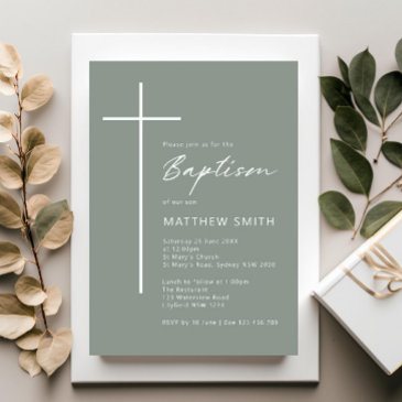 minimalist typography cross sage green baptism invitation