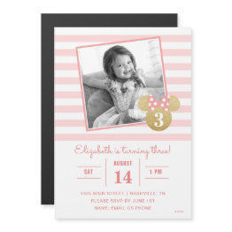 Small Minnie Mouse | Gold & Pink Striped Photo Birthday Magnetic Invitation Front View